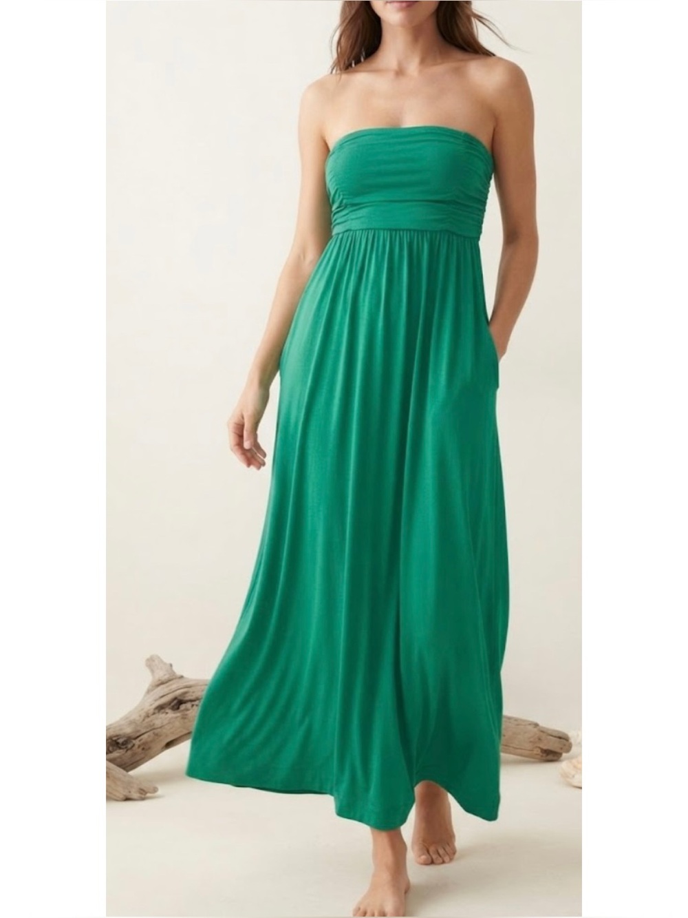 Soma Bandeau Smocked Strapless Jersey Knit Maxi Dress With Pockets